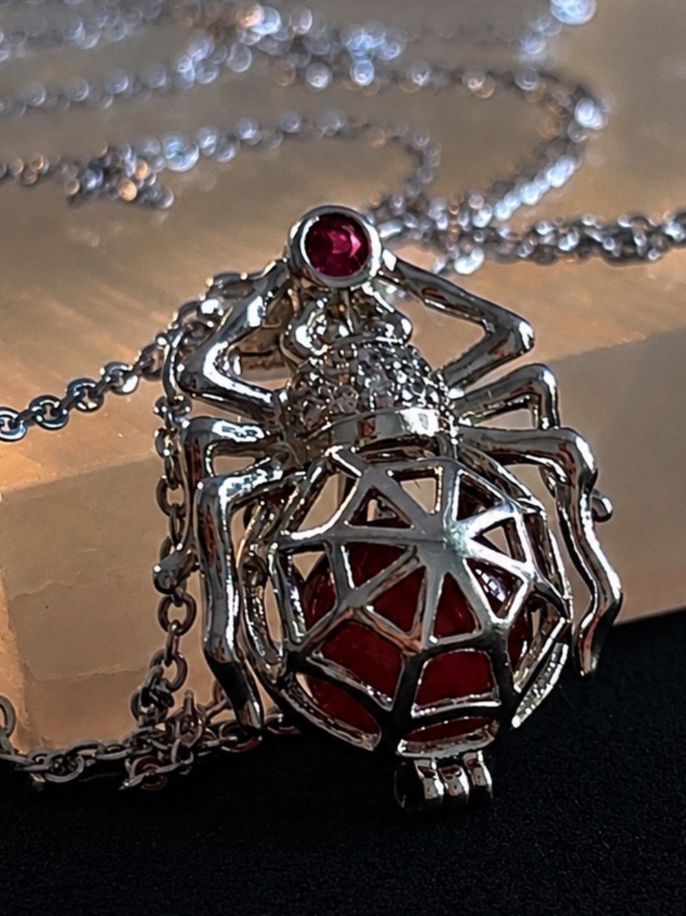 Spider Cage Necklace with Ruby Accent and Red Jade